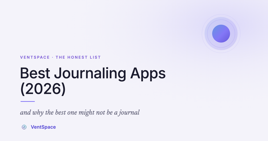 VentSpace cover: Best Journaling Apps 2026, a soft purple orb on a calm lavender field.