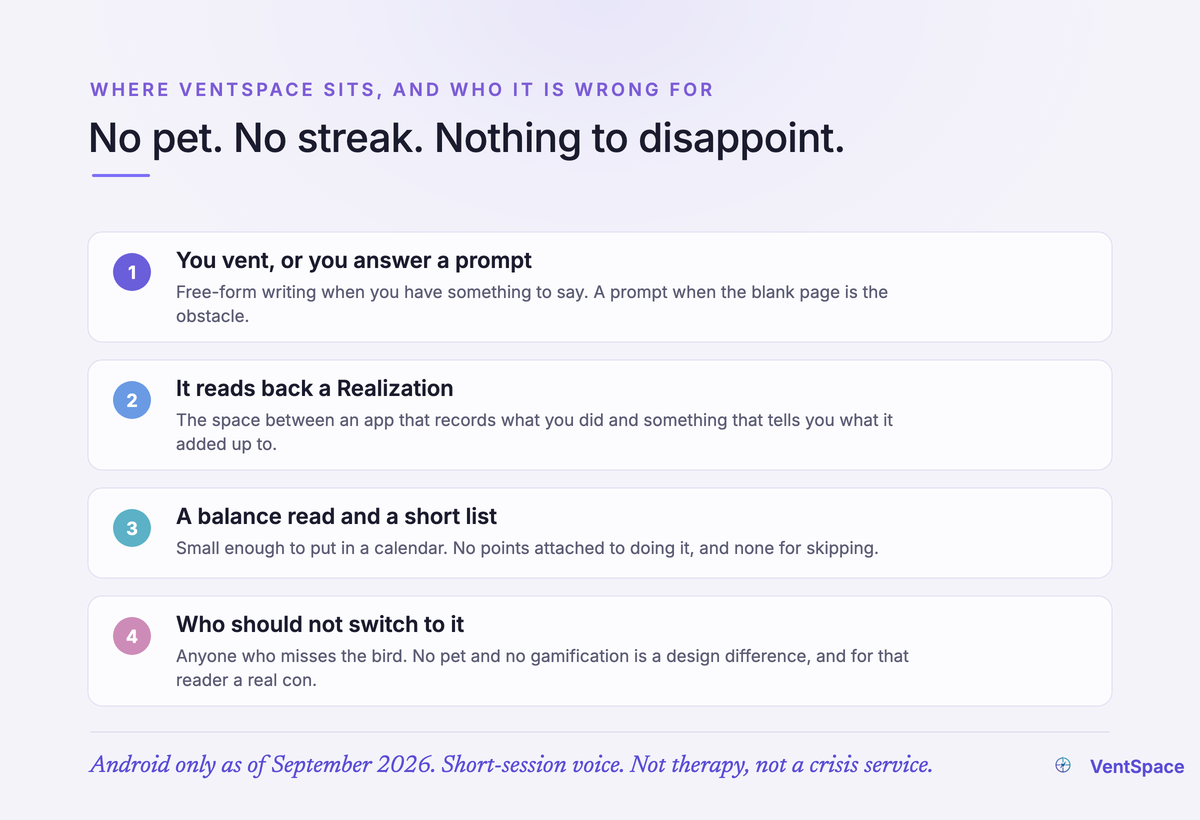 How VentSpace works: you vent or answer a prompt, it reads back a named Realization, then a balance read and a short action list, with a card saying plainly that anyone who misses the bird should not switch to it.