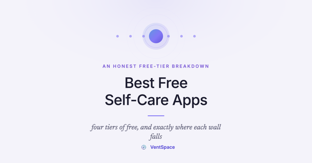 A quiet purple orb held in soft rings on a pale lavender field, under the title Best Free Self-Care Apps, with the line four tiers of free, and exactly where each wall falls beneath it.