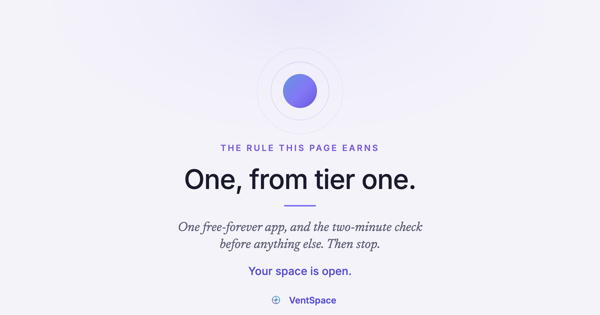 A single purple orb on a pale field above the words One, from tier one, with the rule beneath it: one free-forever app, and the two-minute check before anything else.