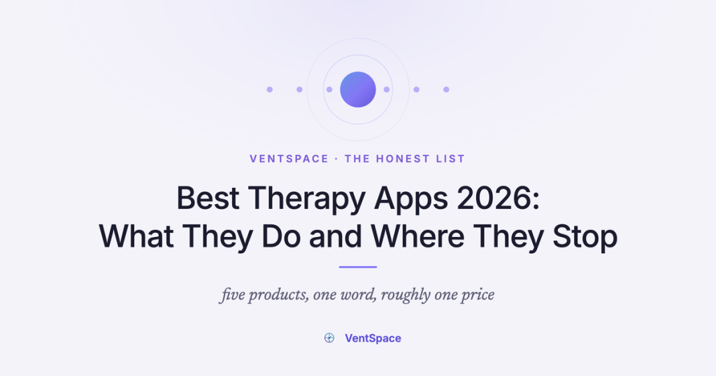 A quiet purple orb held in soft rings on a pale lavender field, under the title Best Therapy Apps 2026, What They Do and Where They Stop, with the line five products, one word, roughly one price beneath it.