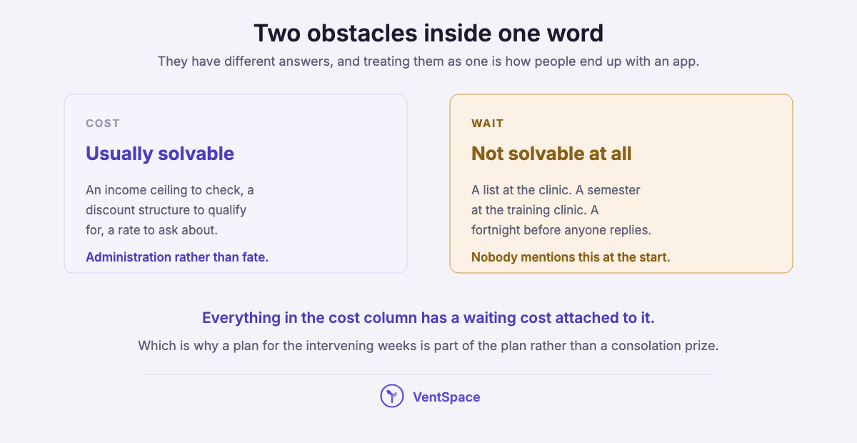 Two panels separating the cost obstacle, described as administrative and often solvable, from the wait, described as not solvable and never mentioned at the start.