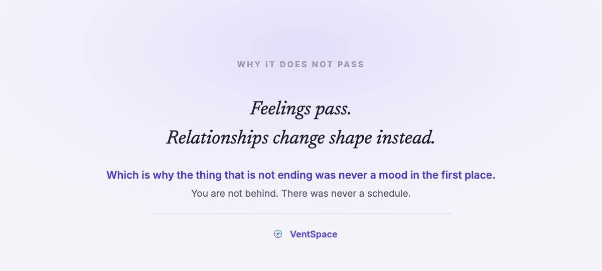 A lavender field carrying the lines that feelings pass while relationships change shape instead, with a note that the reader is not behind and there was never a schedule.