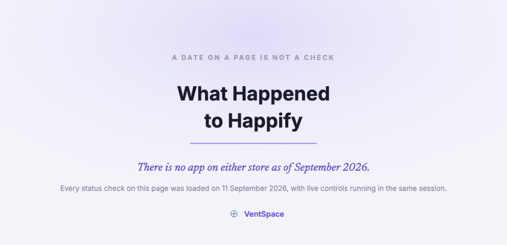 A title card reading what happened to Happify, with the line that there is no app on either store as of September 2026.