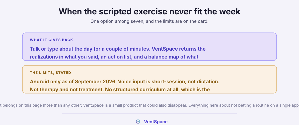 Two blocks describing what VentSpace returns after a spoken entry, and a second block listing its limits including Android only, no curriculum, and that it could also disappear.