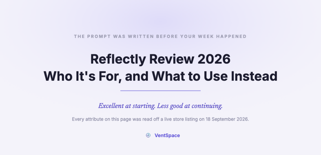 A title card reading Reflectly Review 2026, who it is for and what to use instead, with the line excellent at starting and less good at continuing.