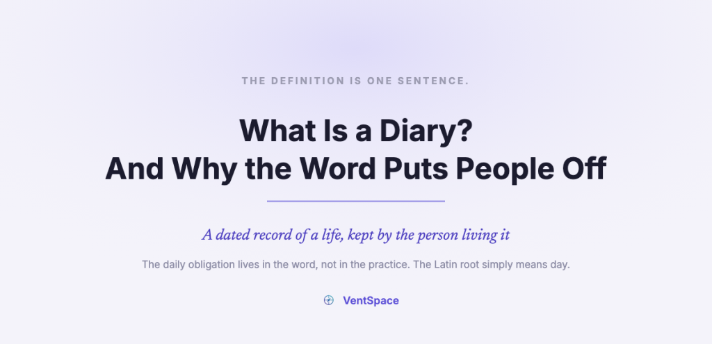 A title card reading What Is a Diary and why the word puts people off, with a note that the daily obligation lives in the word rather than in the practice because the Latin root means day.