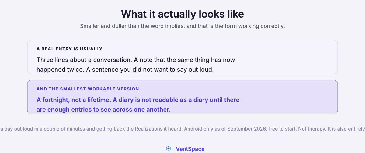 Two blocks describing what a real diary entry usually is, such as three lines about a conversation or a note that something has happened twice, and the smallest workable version being a fortnight rather than a lifetime.