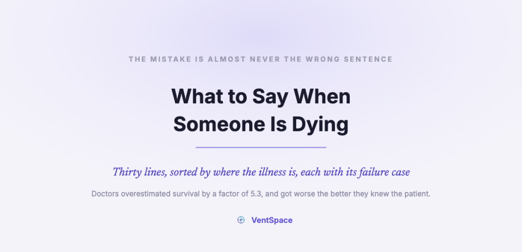 A title card reading What to Say When Someone Is Dying, with a note that doctors overestimated survival by a factor of 5.3 and got less accurate the better they knew the patient.