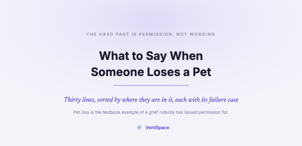 A title card reading What to Say When Someone Loses a Pet, with a note that pet loss is the textbook example of a grief nobody has issued permission for.