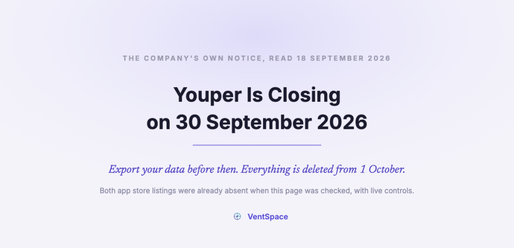 A title card reading Youper is closing on 30 September 2026, with a line telling readers to export their data before then because everything is deleted from 1 October.
