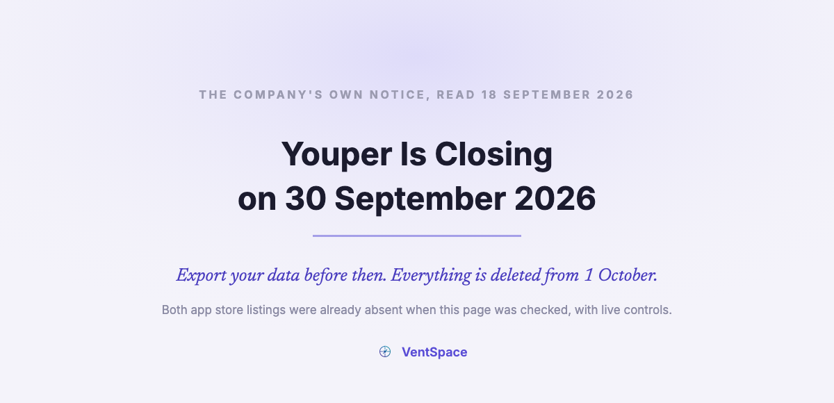 Youper Closed on 30 September 2026: Your Data, and What to Use Instead