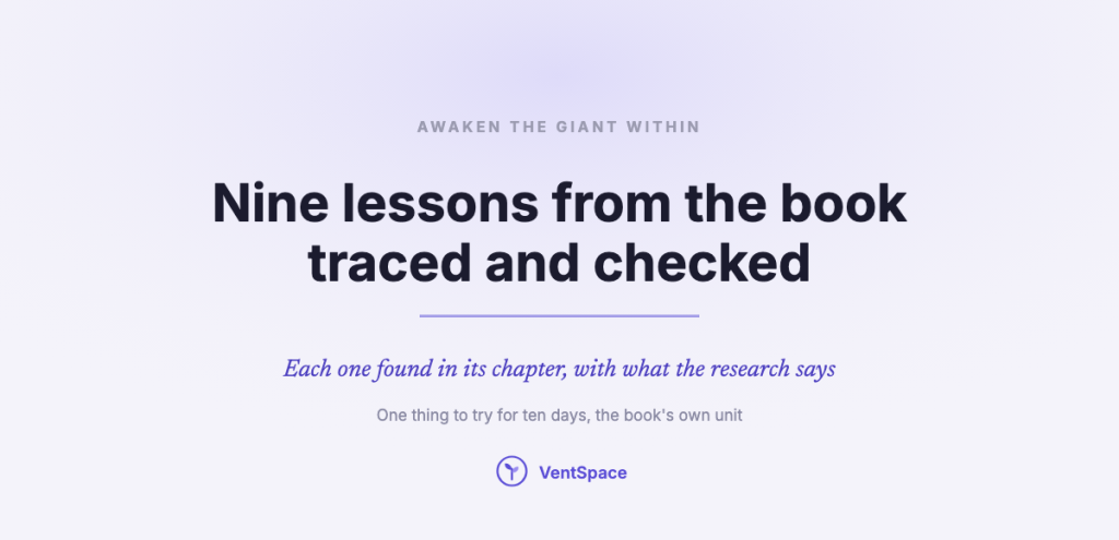 A calm title card reading nine lessons from Awaken the Giant Within by Tony Robbins, each traced to its chapter and checked against research.