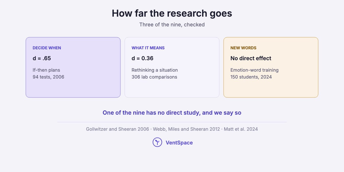 Three cards showing research behind lessons from the book: if-then plans d of .65, rethinking a situation d of 0.36, and an emotion-word training trial with no direct effect.