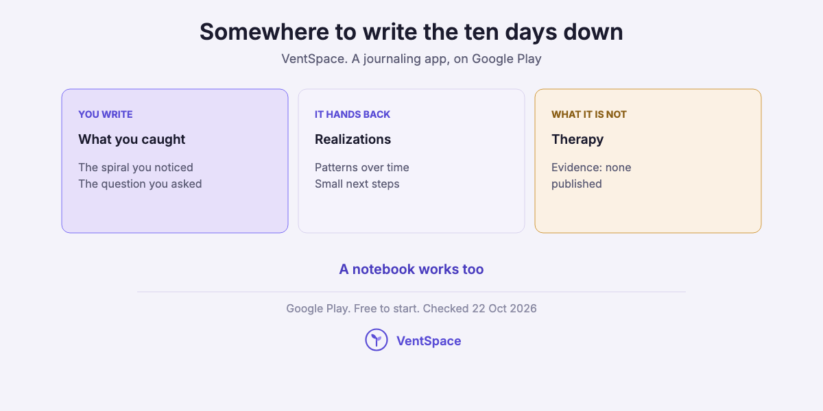 Three cards describing VentSpace as a journaling app: you write what you caught each night, it hands back realizations and small next steps, and it is not therapy.