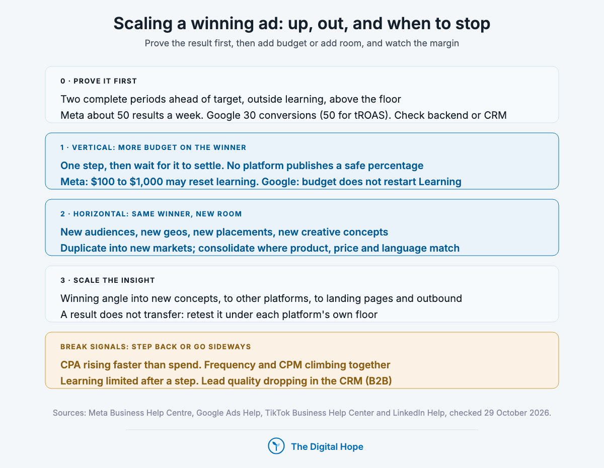 Ads optimization scaling map: prove the result, vertical scaling with budget steps, horizontal scaling into new audiences, geos, placements and creative, scaling the insight, and break signals such as CPA rising faster than spend.