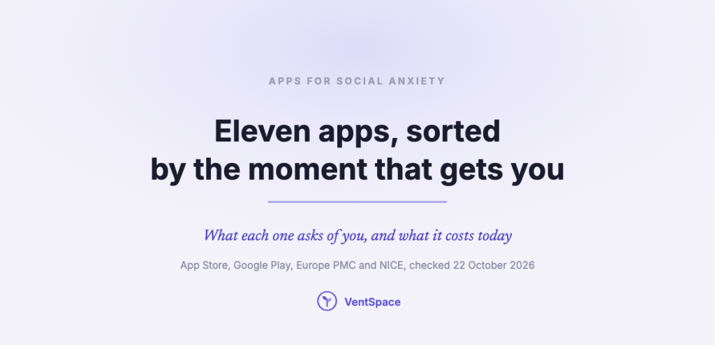 A title card reading apps for social anxiety, eleven apps sorted by the moment that gets you, for someone who dreads being watched and judged.