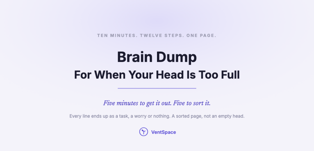 Title card reading Brain Dump, for when your head is too full, with the line five minutes to get it out and five to sort it.