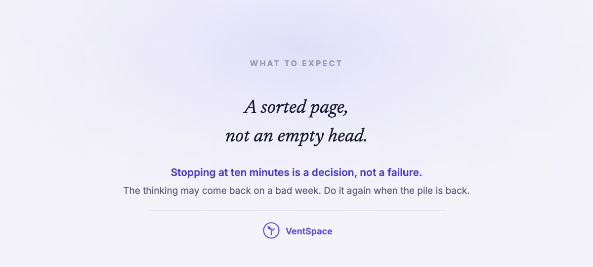 A card reading a sorted page, not an empty head, with the line that stopping at ten minutes is a decision, not a failure.