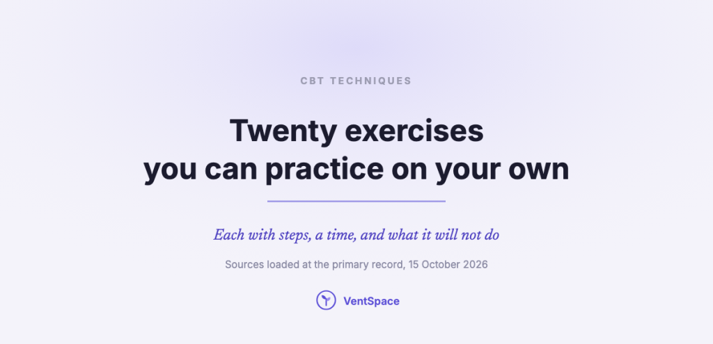 A title card reading CBT techniques, twenty exercises you can practice on your own, for someone ready to try one this week.