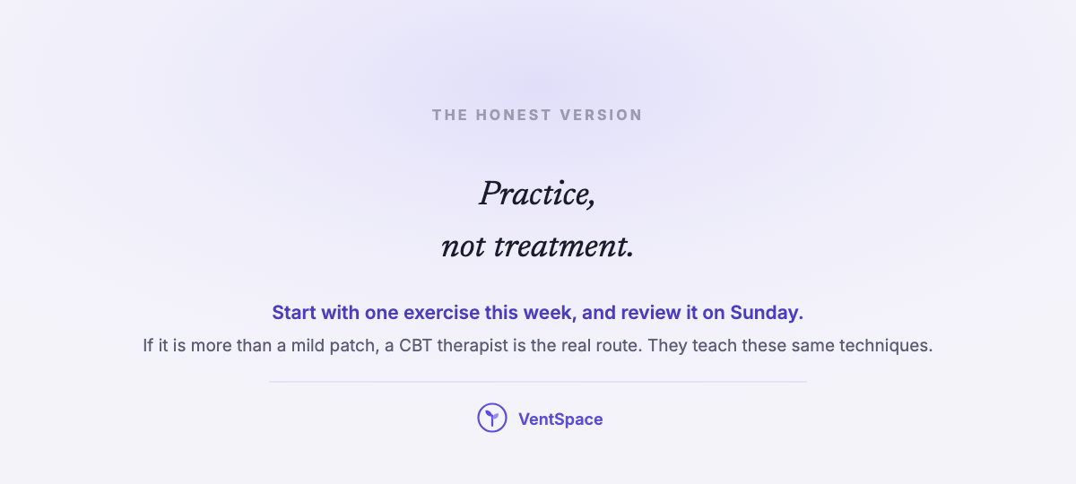 A quiet quote card reading practice, not treatment, with a note to start with one exercise this week.