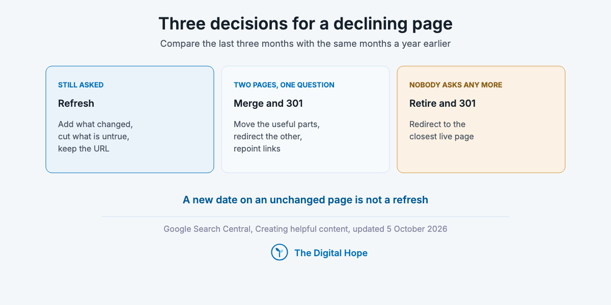 Three cards on content refresh decisions in a content marketing strategy: refresh a page still asked about, merge two pages answering one question, retire a page nobody needs.