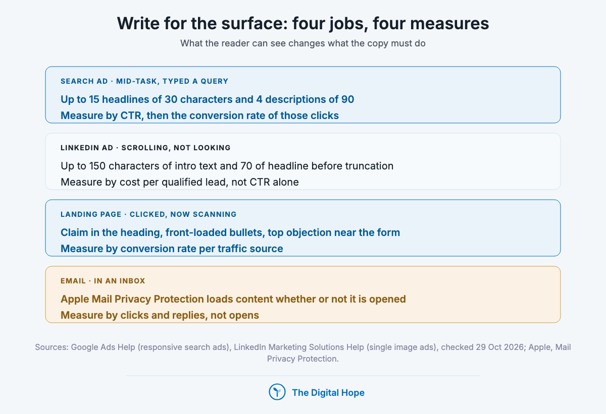 Copywriting by surface: search ad, LinkedIn ad, landing page and email, each with its format limit or reader state and the metric to measure it by.