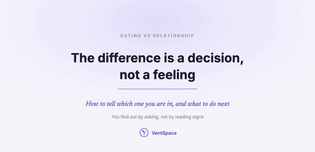 A title card reading dating vs relationship, the difference is a decision, not a feeling.
