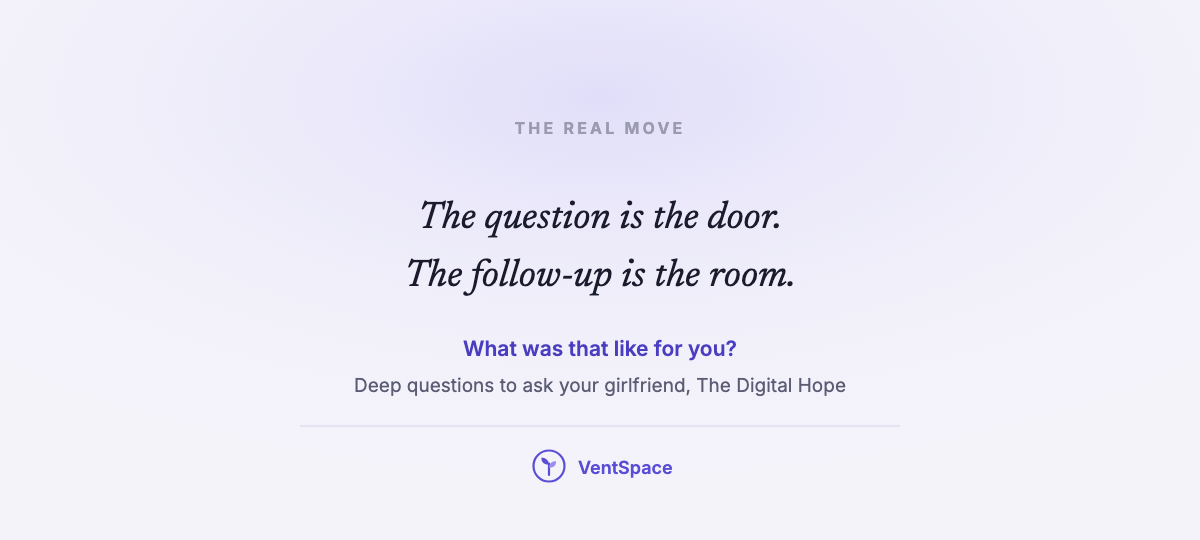 A lavender card reading the question is the door, the follow-up is the room.