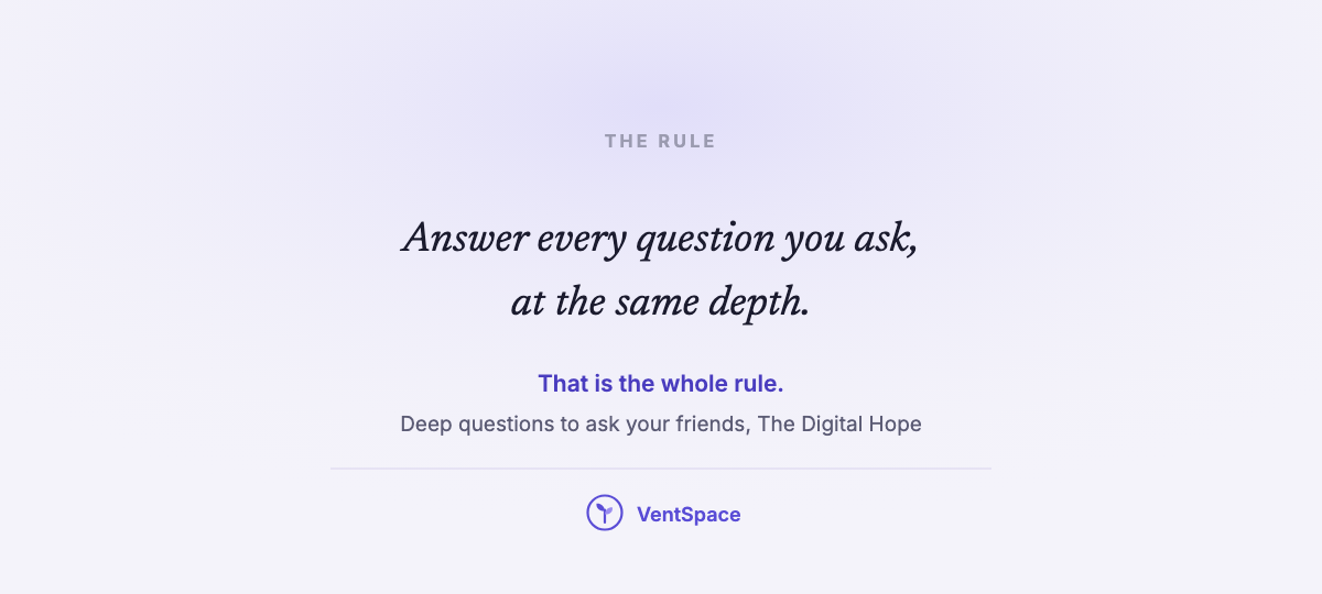 A lavender card reading answer every question you ask, at the same depth.