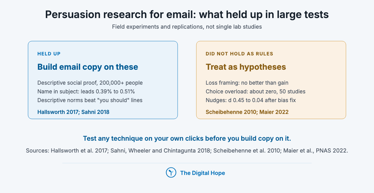 Email copywriting persuasion scorecard: descriptive social proof and the recipient's name held up in field tests; loss framing, choice overload and nudges did not hold as rules.