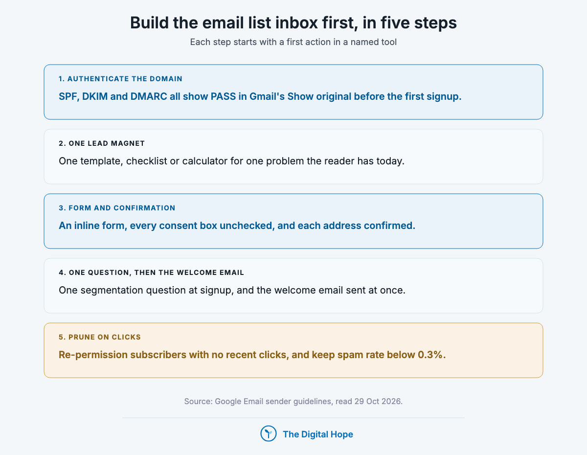 Five-step email lead generation path: domain authentication with SPF, DKIM and DMARC, one lead magnet, inline opt-in form with confirmation, one segmentation question and welcome email, pruning on clicks with spam rate under 0.3 percent.