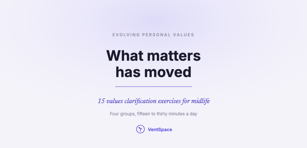 A calm title card reading evolving personal values: 15 values clarification exercises for midlife, in four groups.