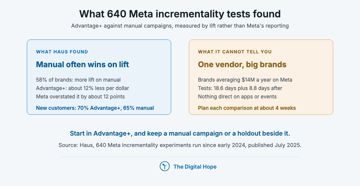 Two panels on Advantage+ versus manual Facebook ads: 58% of brands saw more lift on manual and Meta overstated Advantage+ by about 12 points, with the limits of the Haus dataset.