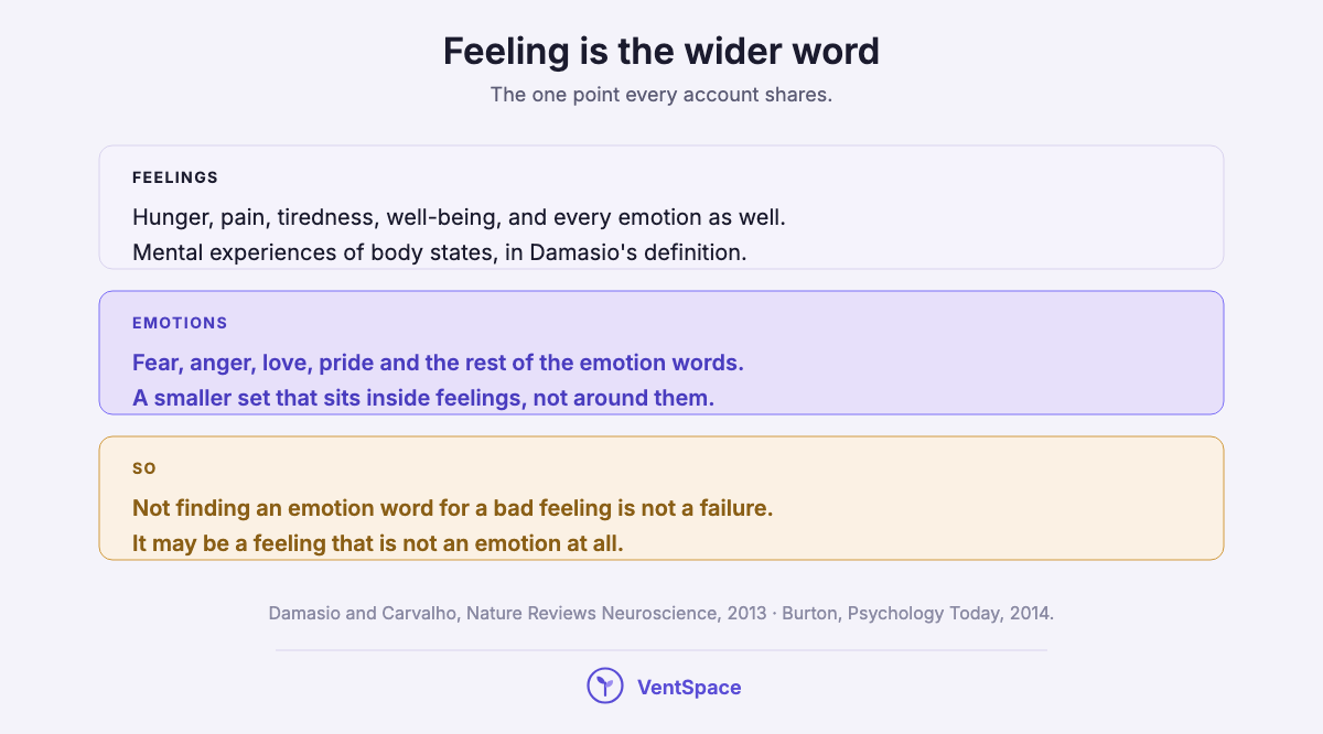 Three blocks showing that feelings include hunger, pain and tiredness as well as every emotion, that emotions are a smaller set inside feelings, and that not finding an emotion word is not a failure.