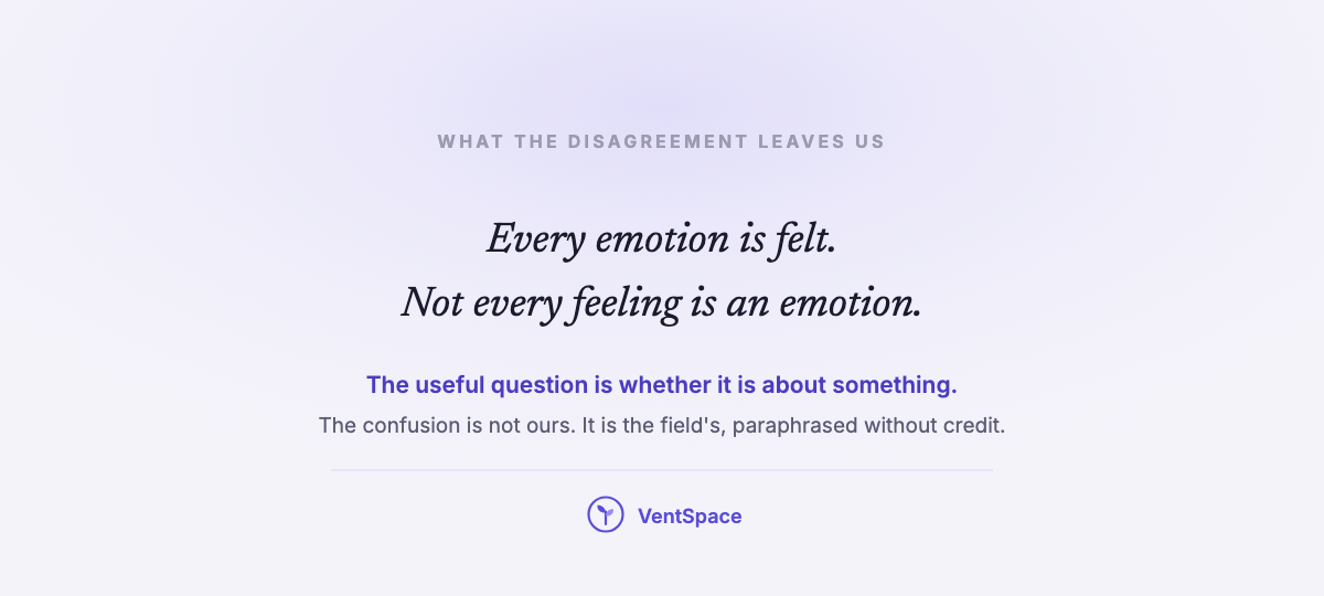 A lavender card with the lines every emotion is felt, not every feeling is an emotion, and the note that the useful question is whether a state is about something.