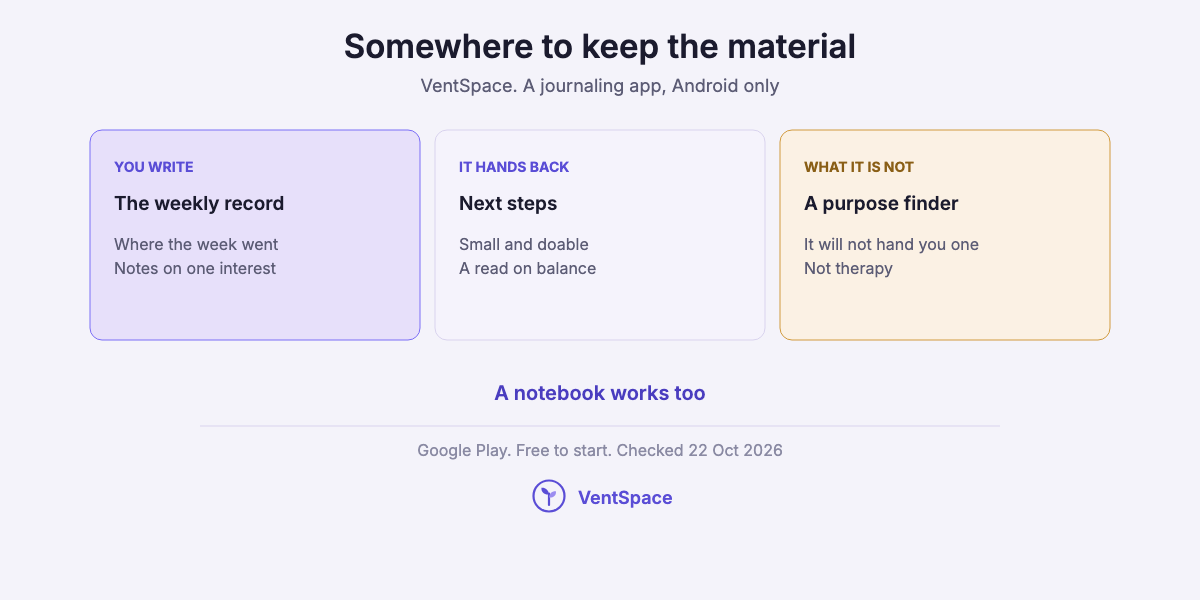 Three cards describing VentSpace as a journaling app: you write the weekly record, it hands back small next steps and a read on balance, and it will not hand you a purpose or replace therapy.