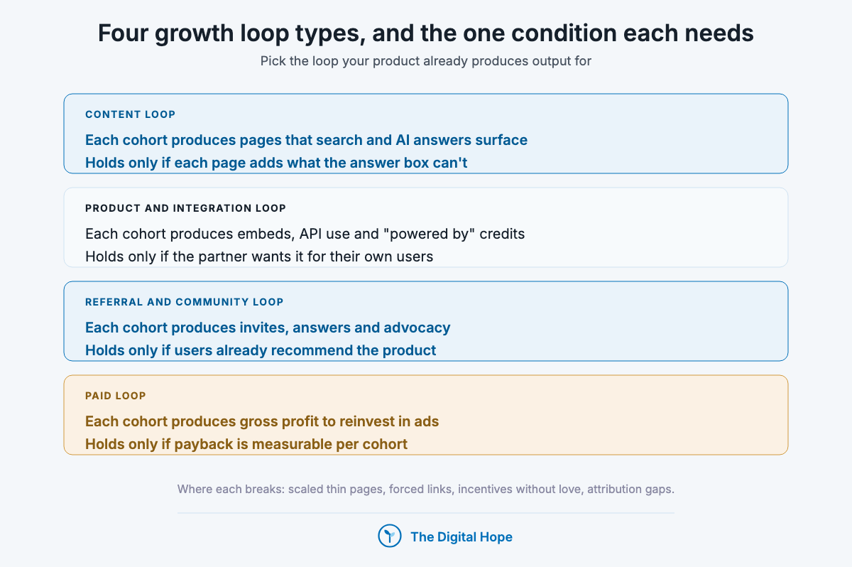 Growth loop types stacked: content, product and integration, referral and community, and paid loops, each with what a cohort produces and the condition it needs.
