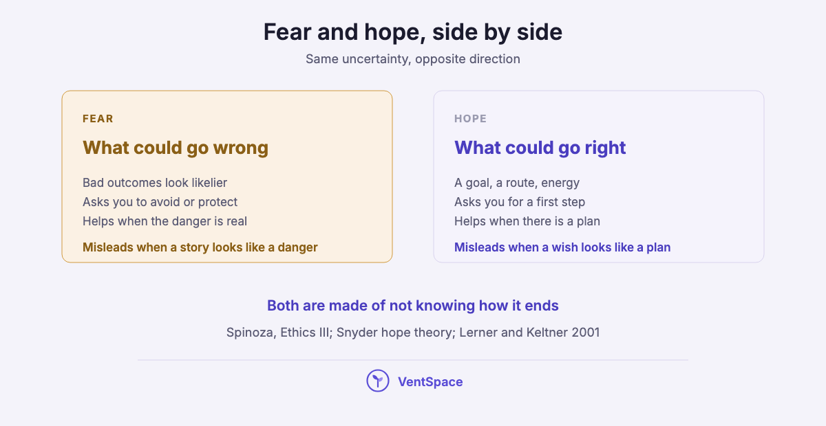 Two panels: fear is aimed at what could go wrong and makes bad outcomes look likelier, hope is aimed at what could go right and needs a goal, a route and energy.