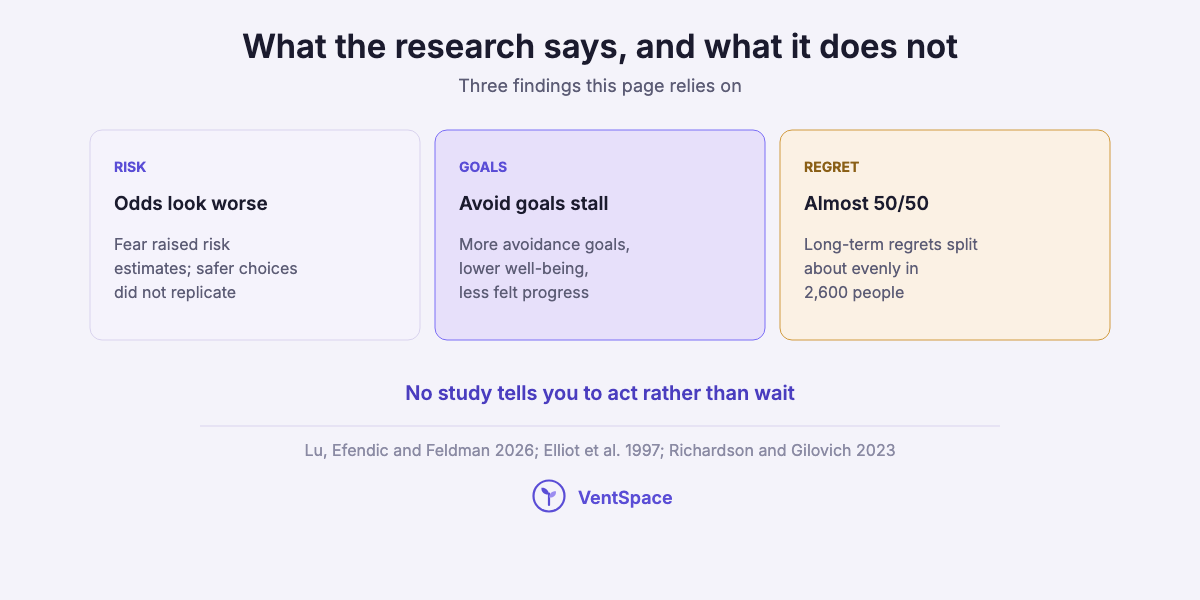 Three cards: fear makes risk look worse, avoidance goals were linked to lower well-being, and long-term regrets split about evenly between actions and inactions.