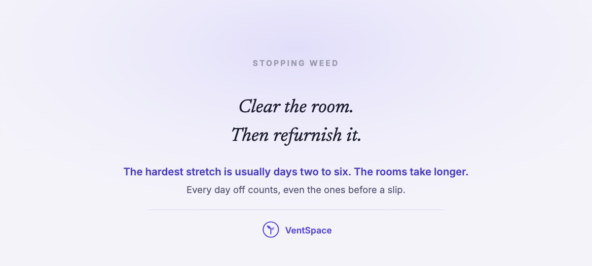 A card reading clear the room, then refurnish it, with a line that the hardest stretch is usually days two to six.