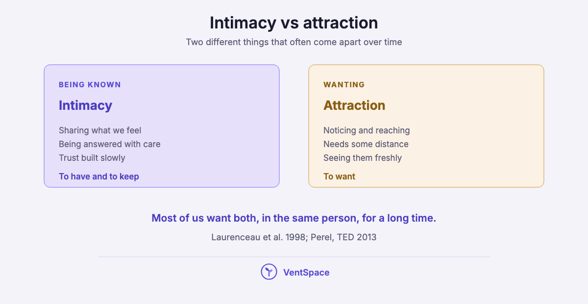 Two panels comparing intimacy, being known and answered with care, and attraction, wanting the other person and seeing them freshly.