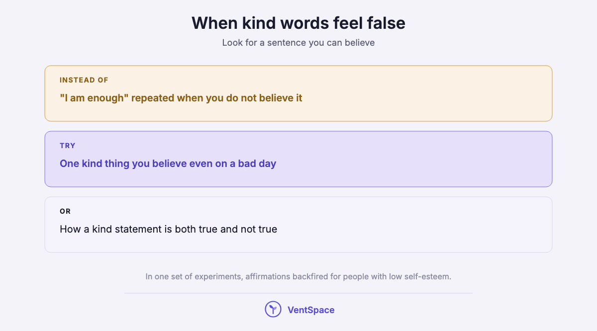 A stack of three boxes: instead of repeating an affirmation you do not believe, write one kind thing you believe, or how a kind statement is both true and not true.