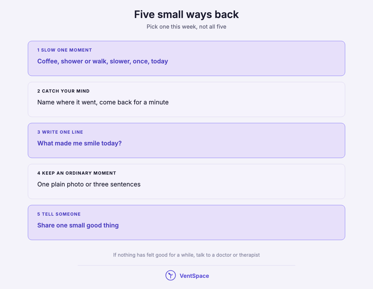 Five stacked blocks: slow one moment, catch where your mind went, write one line, keep an ordinary moment, and tell someone.