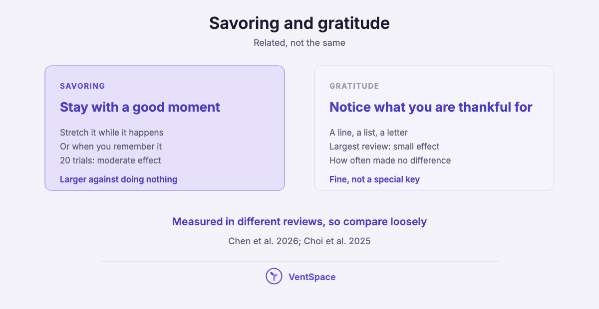 Two panels: savoring means staying with a good moment and showed a moderate effect, gratitude means noticing what you are thankful for and showed a small effect regardless of how often.