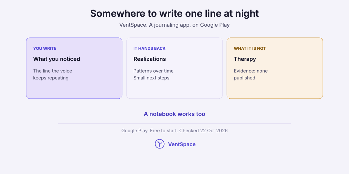 Three cards describing VentSpace as a journaling app: you write the line the voice repeats, it hands back realizations and small next steps, and it is not therapy.