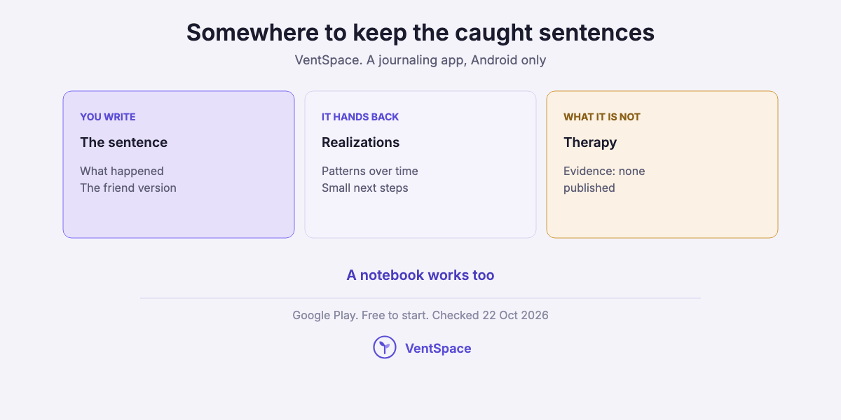 Three cards describing VentSpace as a journaling app: you write the caught sentence, it hands back realizations and small next steps, and it is not therapy.