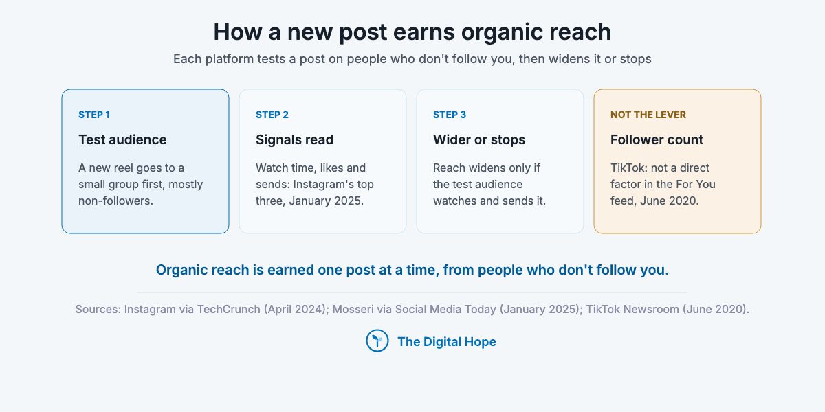 Organic reach diagram: a new post goes to a small non-follower test audience, watch time, likes and sends are read, and reach widens or stops; follower count is not the lever.
