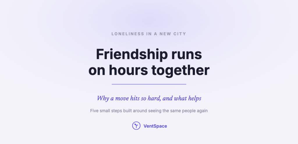A calm title card reading friendship runs on hours together: why loneliness after a move hits so hard and five small steps built around seeing the same people again.