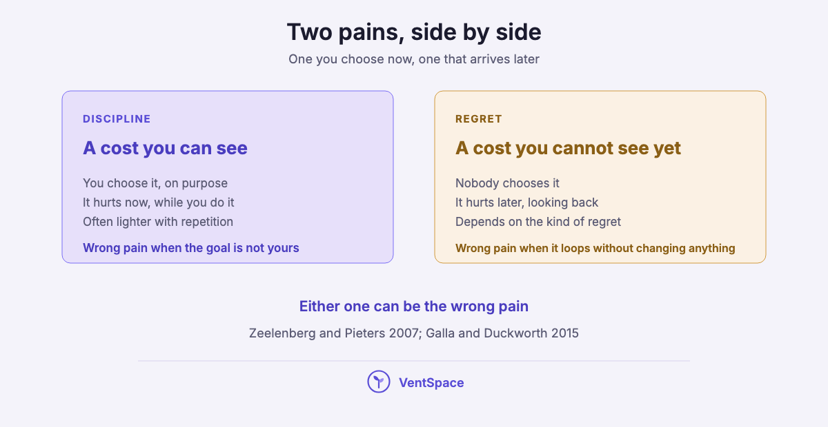 Two panels: the pain of discipline is a cost you choose and can see now, the pain of regret is a cost that arrives later and cannot be measured in advance.